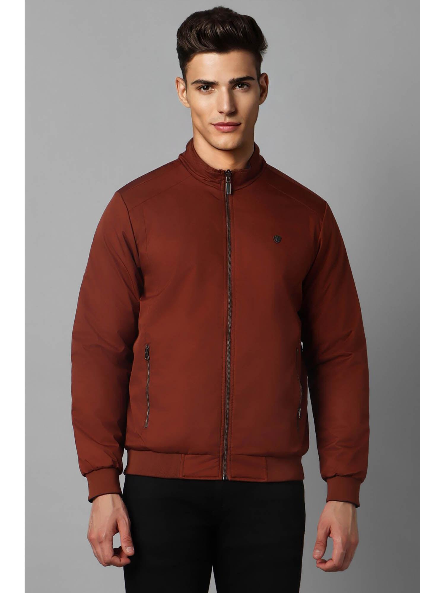 men casual maroon solid jacket
