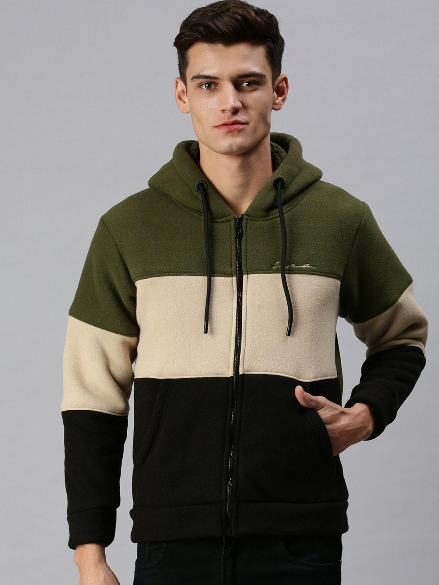 men casual polyester front open olive sweatshirt