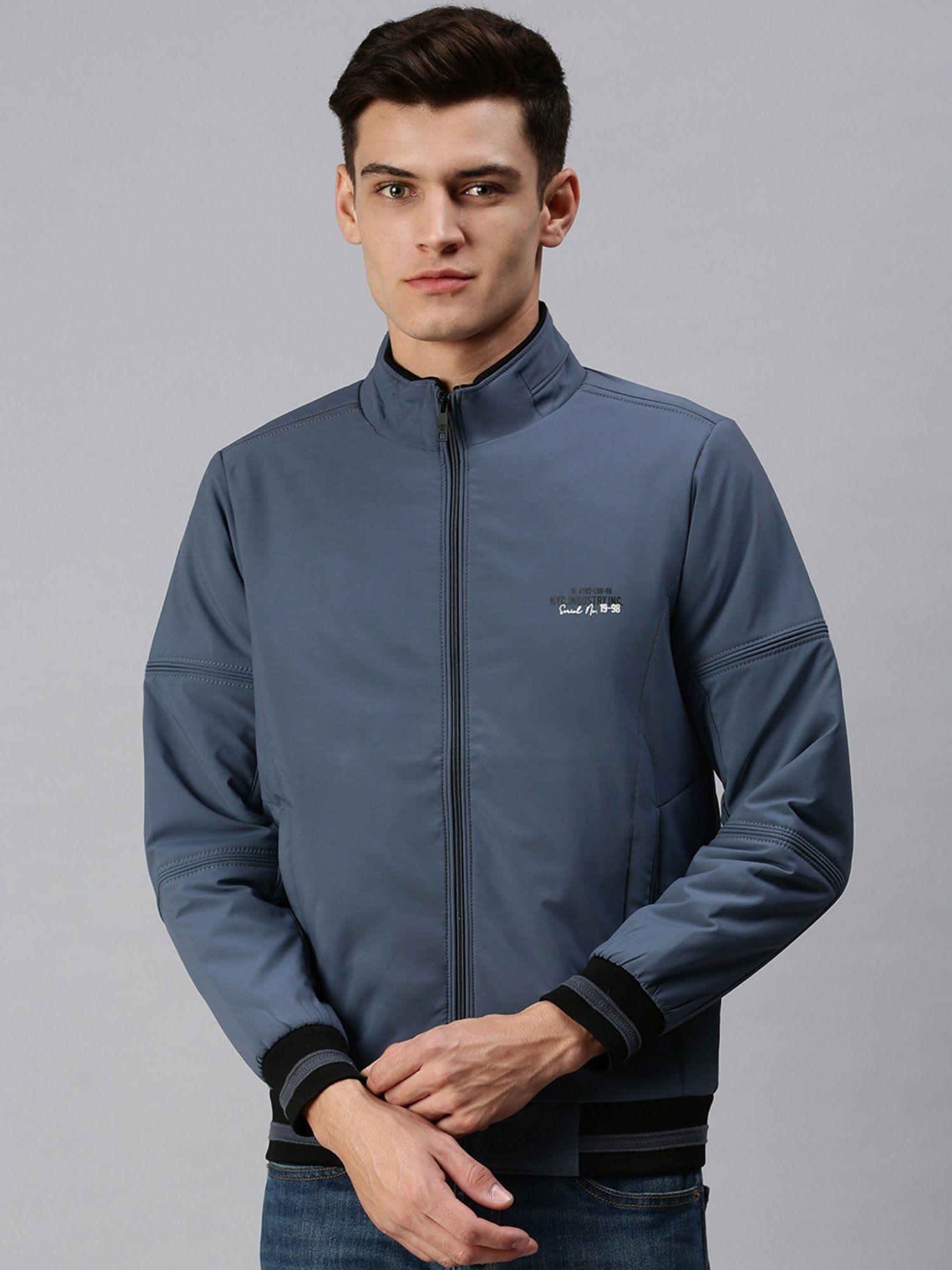 men casual solid blue jacket