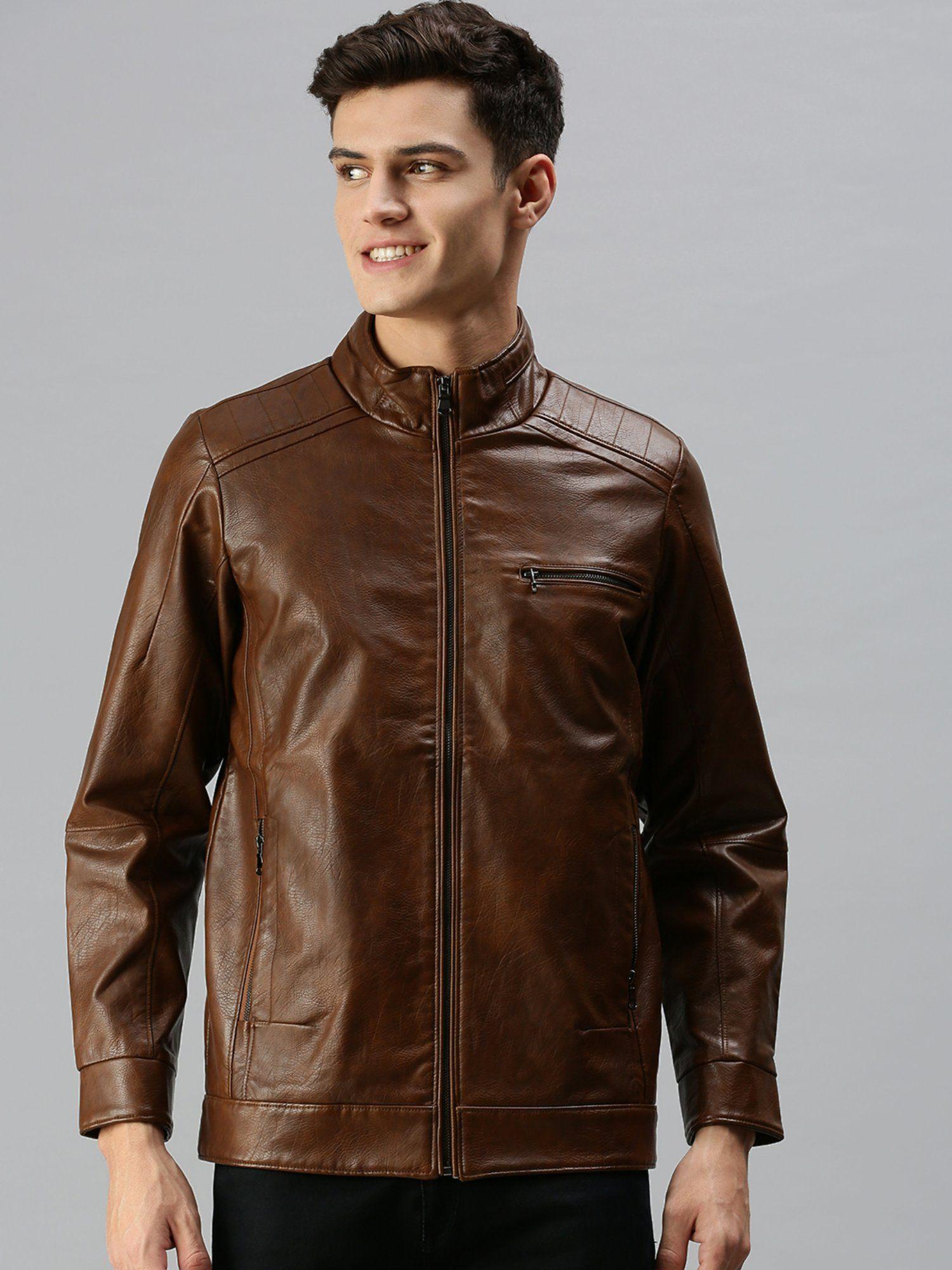 men casual solid brown jacket