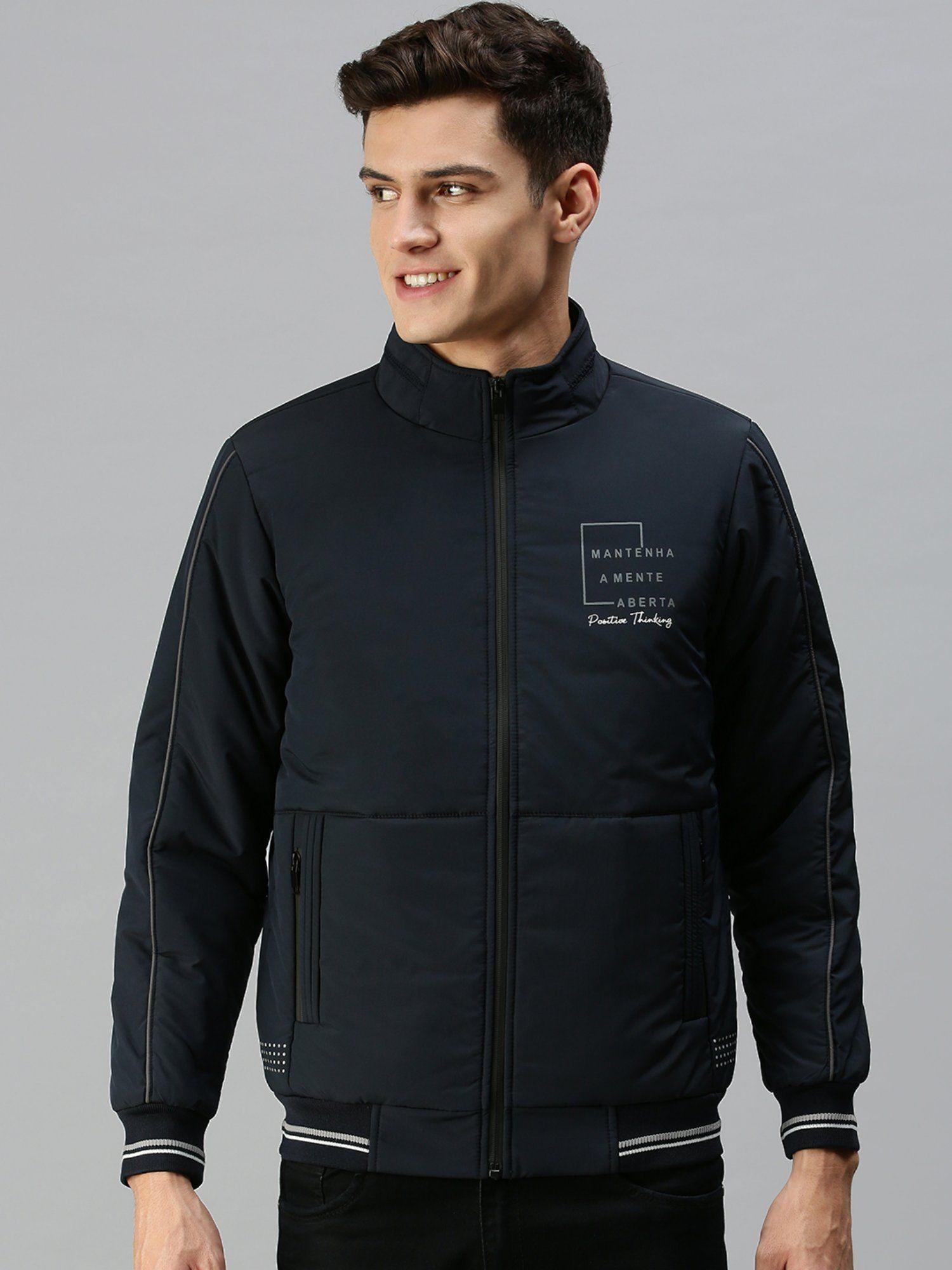 men casual solid navy blue jacket