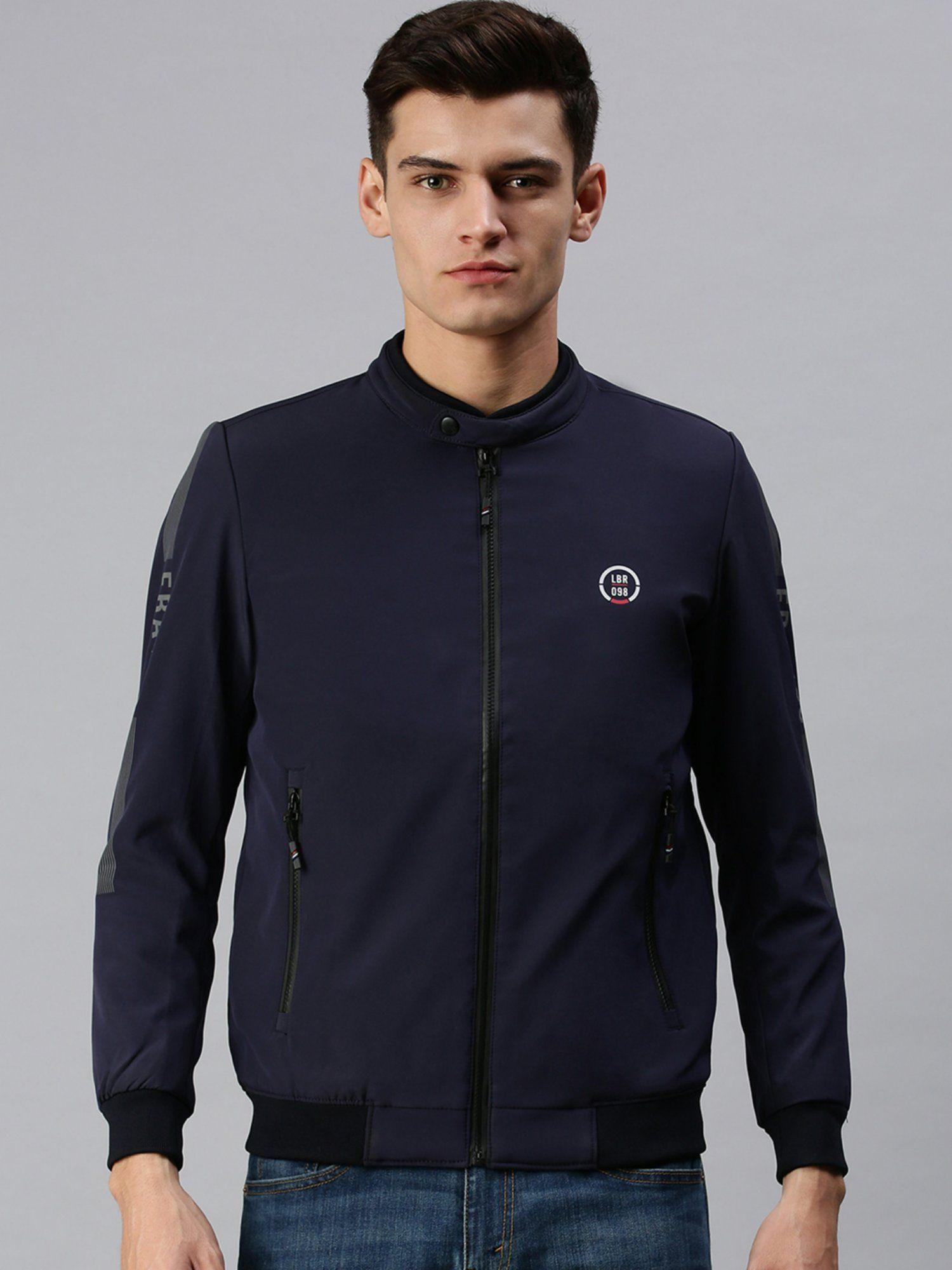 men casual solid navy blue jacket