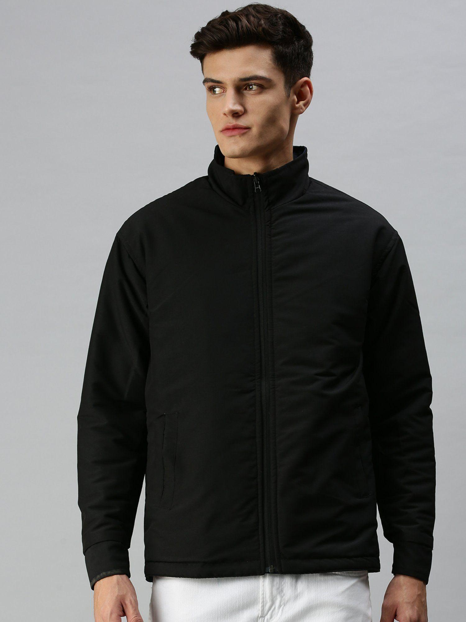 men casual solid reversible black jacket