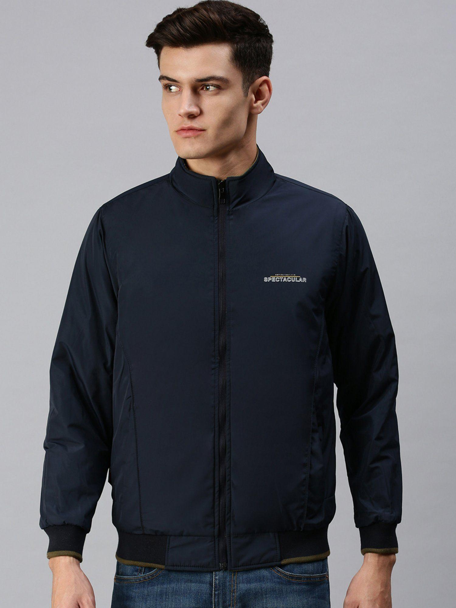 men casual solid reversible navy blue jacket