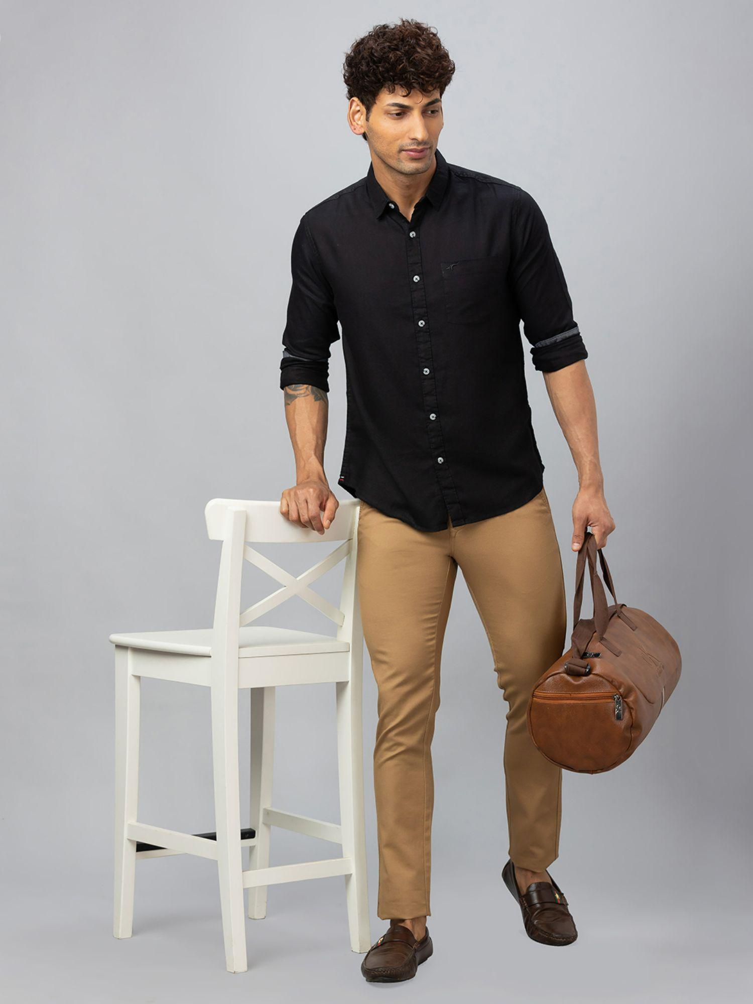men charamel solid cotton casual slim fit chinos