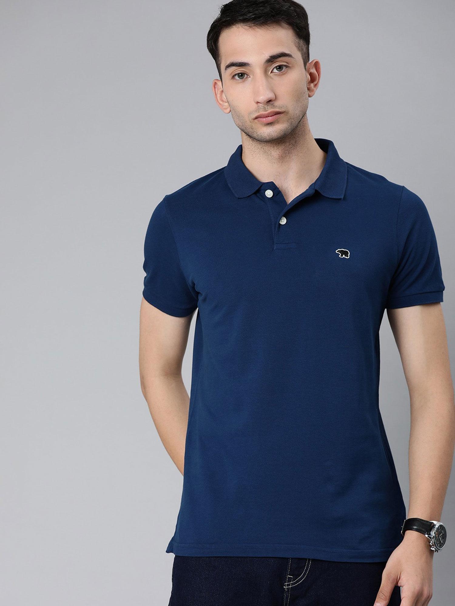 men charcoal blue solid polo collar slim fit t-shirt