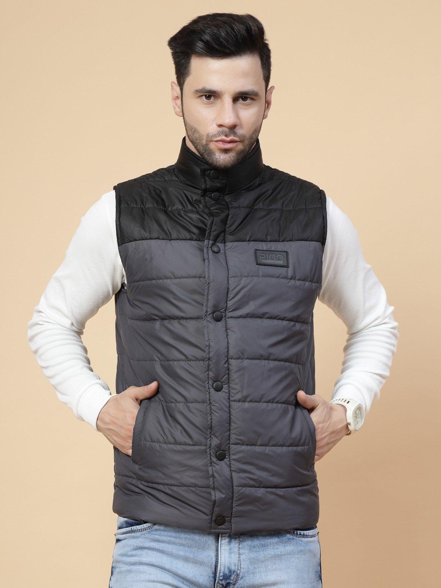 men charcoal colorblocked sleeveless puffer jacket