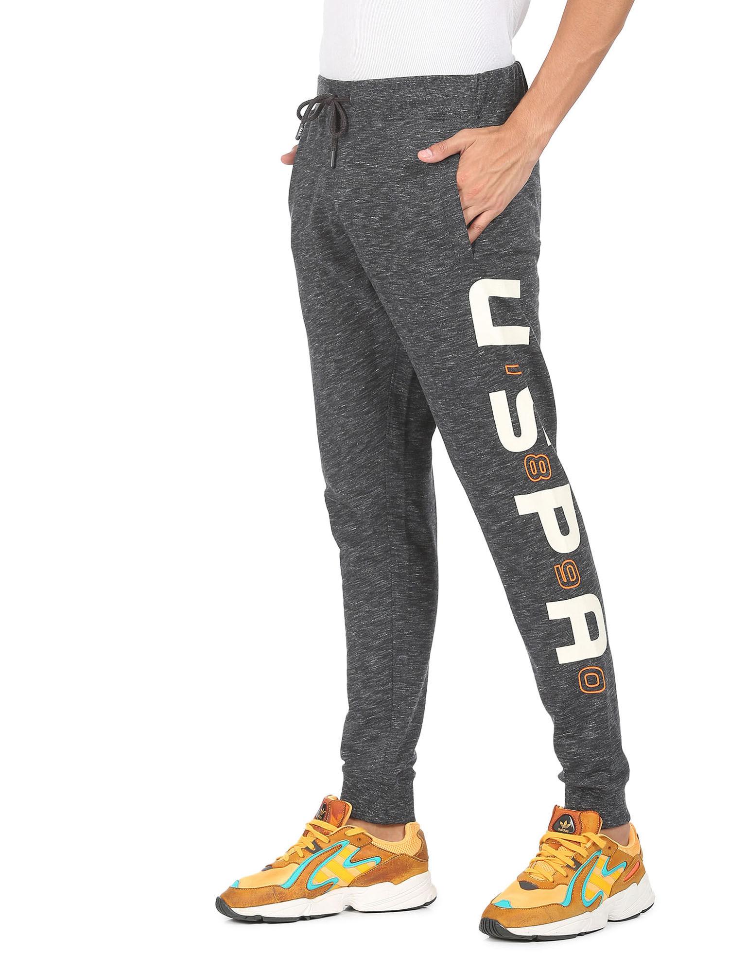 men charcoal drawstring waist brand print heathered joggers