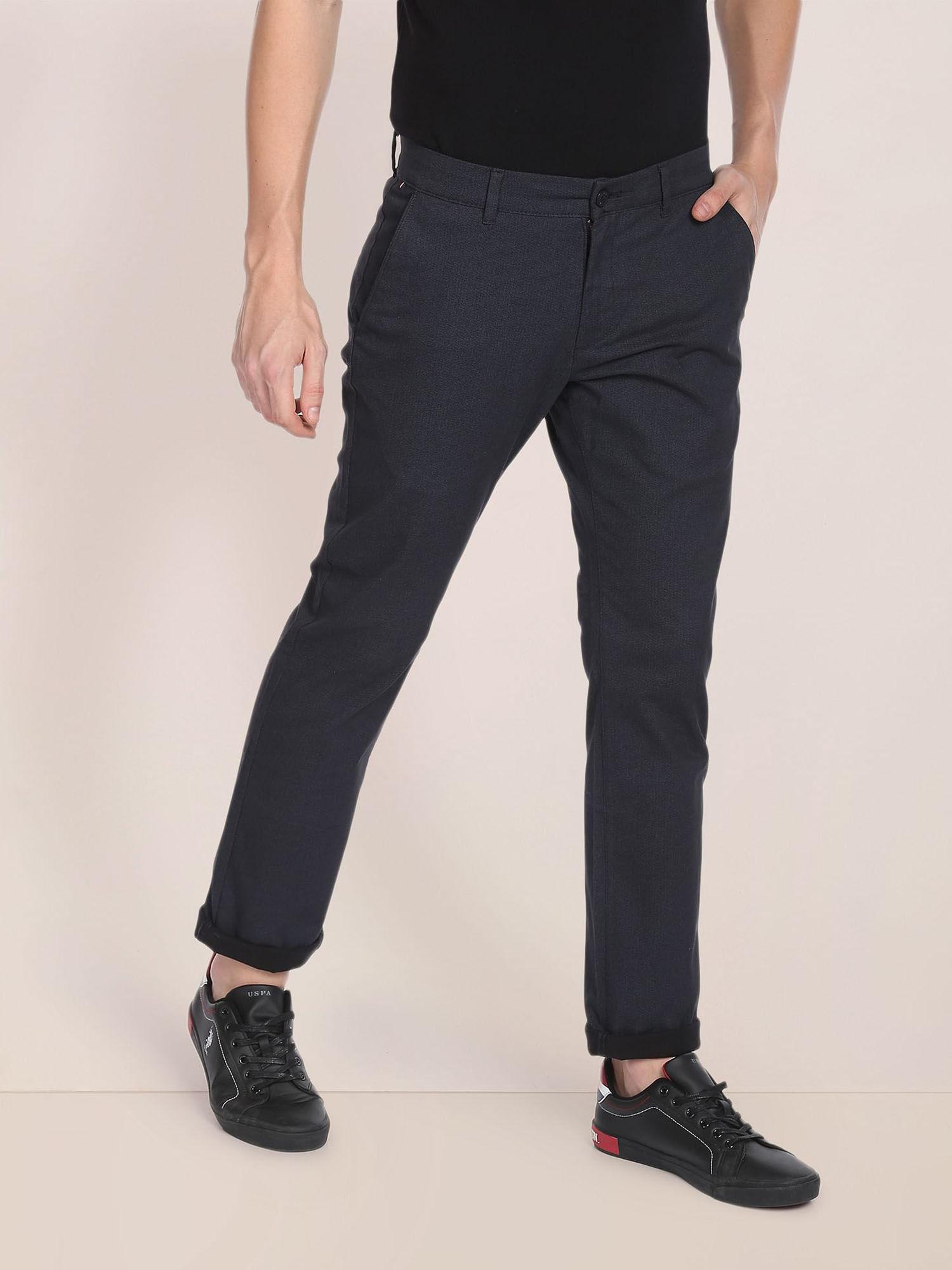 men charcoal mid rise dobby casual trouser