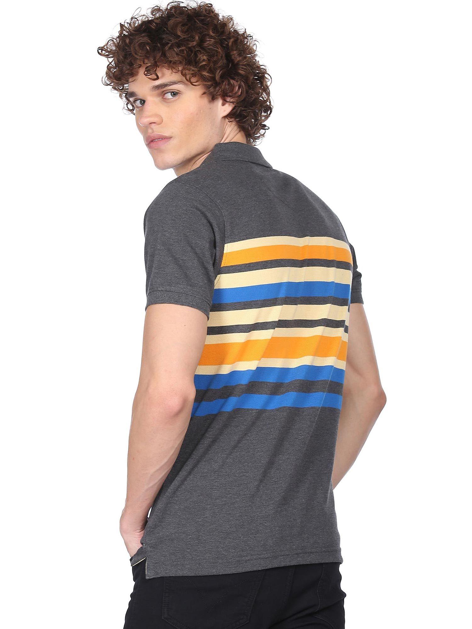 men charcoal ribbed collar striped polo t-shirt