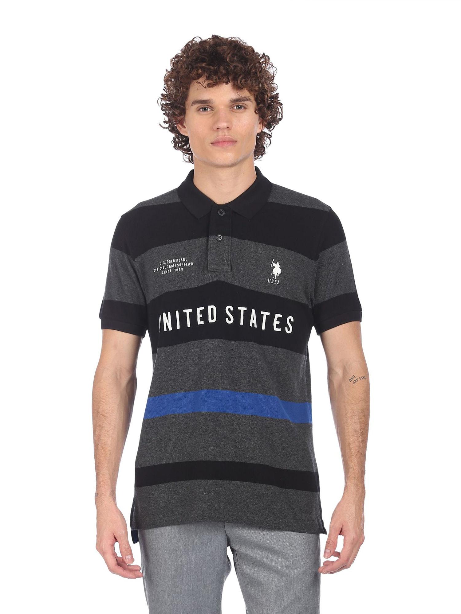 men charcoal striped short sleeve polo t-shirt