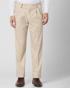 men checked double-pleated slim fit trousers