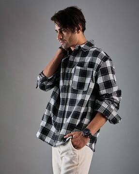 men checked oversized fit shirt with patch pocket