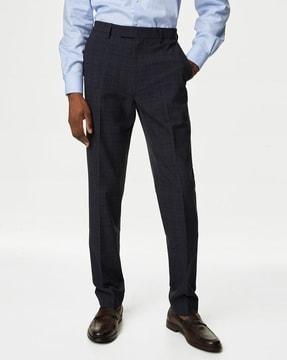 men checked regular fit flat-front trousers