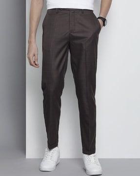 men checked regular fit flat-front trousers