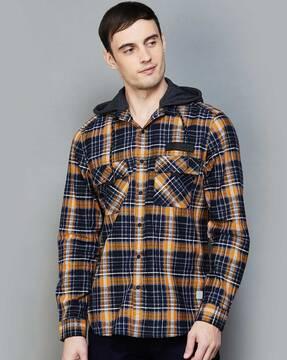 men checked regular fit hooded shirt with cuffed sleeves