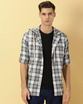 men checked regular fit hooded shirt