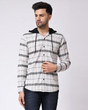 men checked regular fit hooded shirt