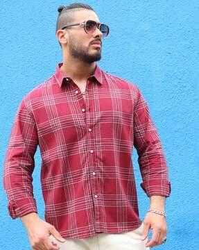 men checked regular fit shirt with cuffed sleeves