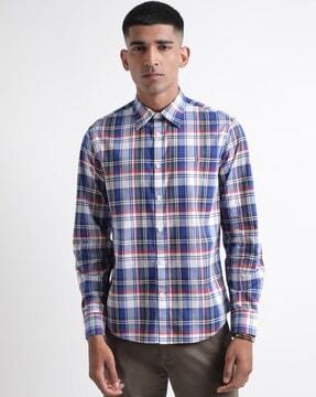 men checked regular fit shirt with cuffed sleeves