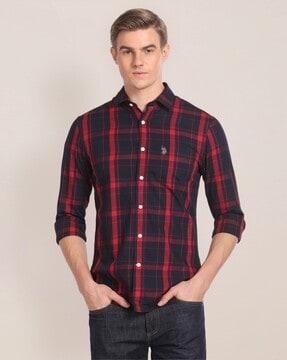 men checked regular fit shirt with patch pocket