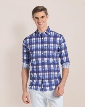 men checked regular fit shirt with patch pocket