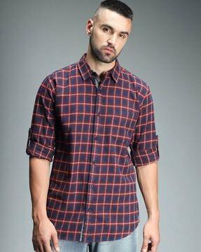 men checked regular fit shirt with patch pocket