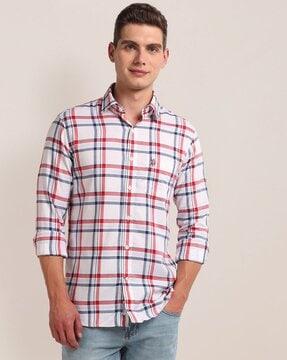 men checked regular fit shirt with patch pocket