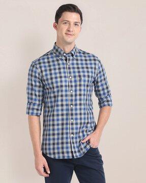 men checked regular fit shirt with patch pocket