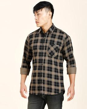 men checked regular fit shirt with patch pocket