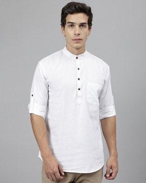 men checked regular fit short kurta with patch pocket