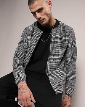 men checked regular fit zip-front biker jacket