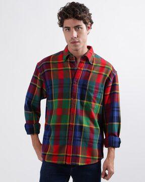 men checked relaxed fit shirt with patch pocket