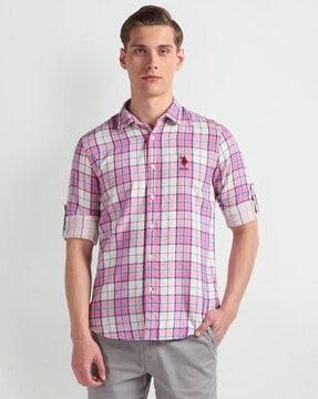 men checked slim fit cotton shirt