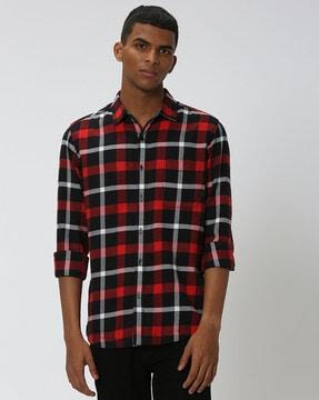 men checked slim fit cotton shirt