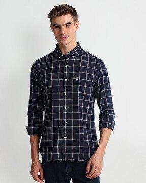 men checked slim fit cotton shirt