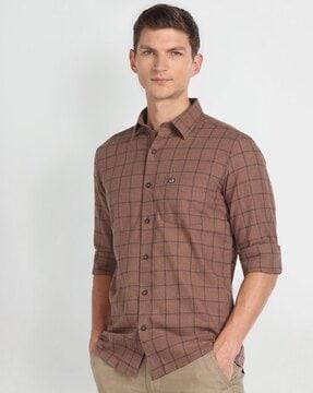 men checked slim fit cotton shirt