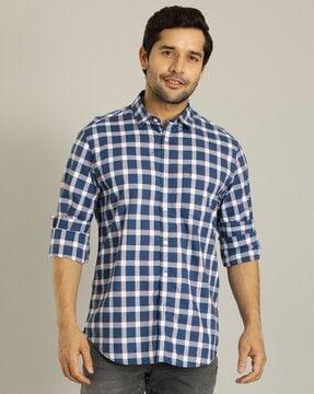 men checked slim fit cotton shirt