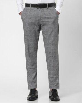 men checked slim fit flat-front trousers