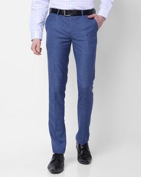 men checked slim fit flat-front trousers