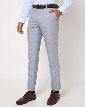 men checked slim fit flat-front trousers