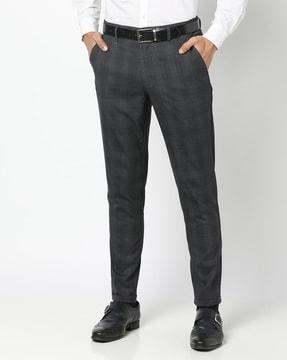 men checked slim fit flat-front trousers