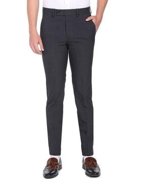 men checked slim fit flat-front trousers