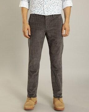 men checked slim fit flat-front trousers