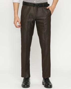 men checked slim fit flat-front trousers