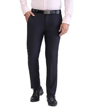 men checked slim fit flat-front trousers