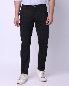 men checked slim fit front-flat trousers