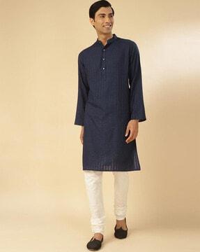 men checked slim fit long kurta