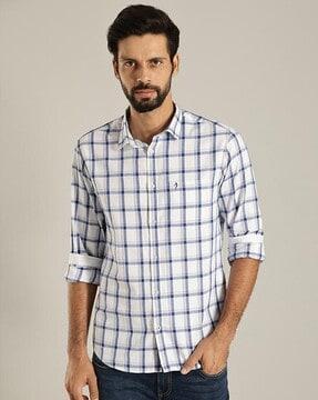 men checked slim fit pure cotton shirt with patch pocket