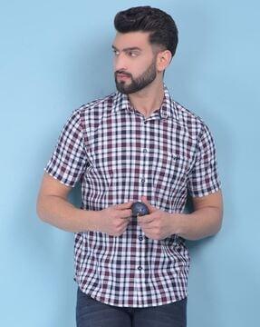 men checked slim fit shirt with cuffed sleeves